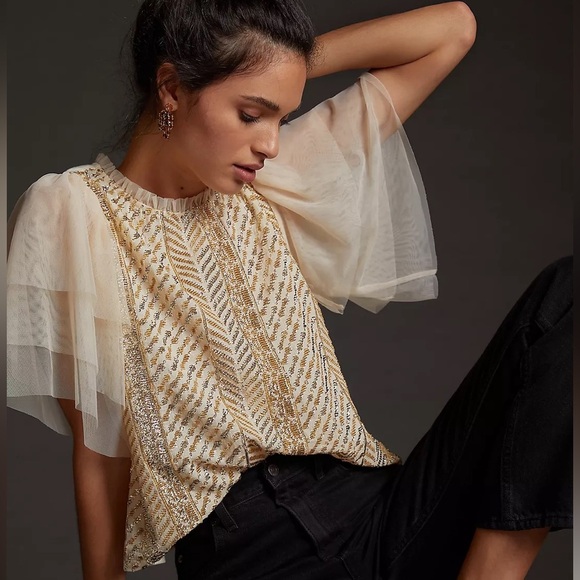 Anthropologie Let Me Be Sequined Embroidered Top - Picture 1 of 14